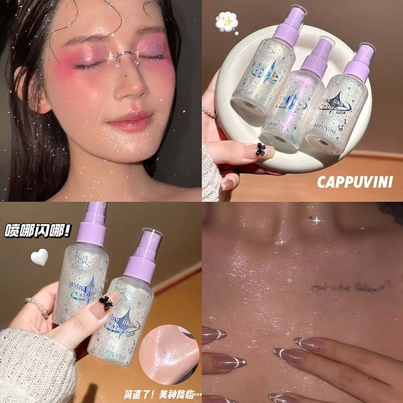Travel Essential Liquid Highlighter Spray Glitter Powder กระพริบน้ําGlossy Shiny Skin Body Clavicle 