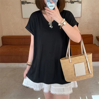 【พลัสไซส์】(50-150กก.) เสื้อยืดฤดูร้อนผู้หญิงอ้วนโอเวอร์ไซส์หลวมธรรมดาแขนสั้น เสื้อคอวี Oversize Tshirt