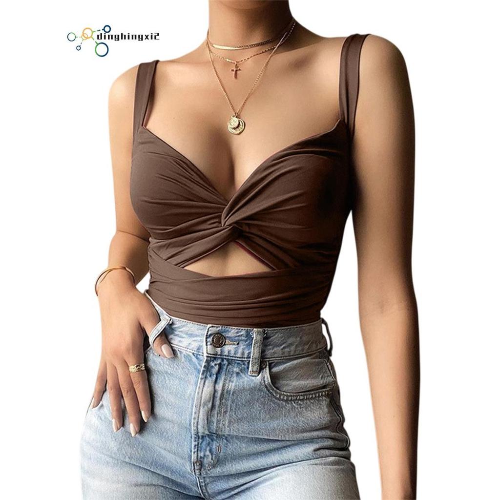 ผู้หญิงแขนกุดBackless Going Out Crop Tank TopจีบSweetheartคอStrappy Cropped Tops Coffee S