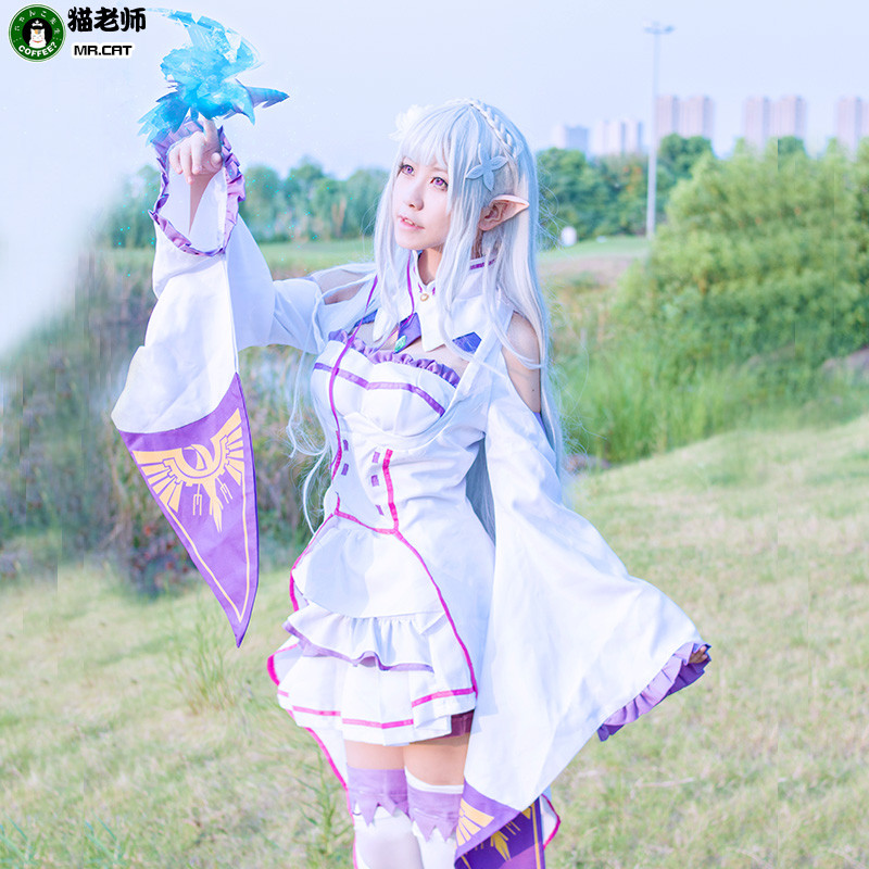 Cat Teacher ชีวิตเริ่มต้นเป็นศูนย์ในอีกโลกหนึ่ง COS Emilia cosply Suit Emiliaหญิง