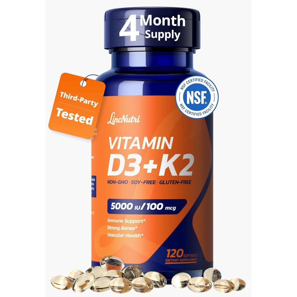 D3 K2 5000IU MK7 100mcg 120 ซอฟท์เจล 3rd Party ทดสอบ | NonGMO · ถั่วเหลือง · กลูเตน · น้ํามันเมล็ดทา