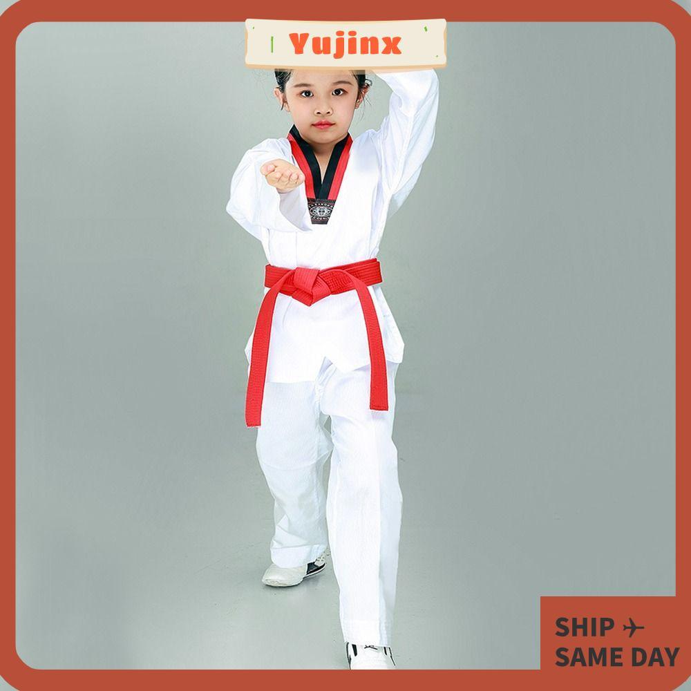 YUJINX เด็ก TKD เครื่องแต่งกาย,แขนยาวสีขาวเครื่องแบบเทควันโด,แฟชั่นผ้าฝ้าย V คอ Breathable WTF คาราเ