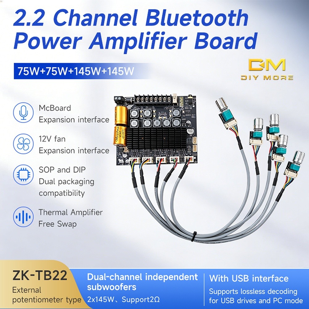 DIYMORE DC 12-24V ZK-TB22 อัพเกรด Dual ซับวูฟเฟอร์บลูทูธเครื่องขยายเสียง 2.2 ช่อง 75W + 75W + 145W +