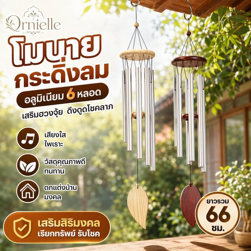 กระดิ่งลม 6 หลอดอลูมิเนียมไม้เนื้อแข็งตกแต่งบ้านฮวงจุ้ยโชคดีระฆังแขวนกลางแจ้ง