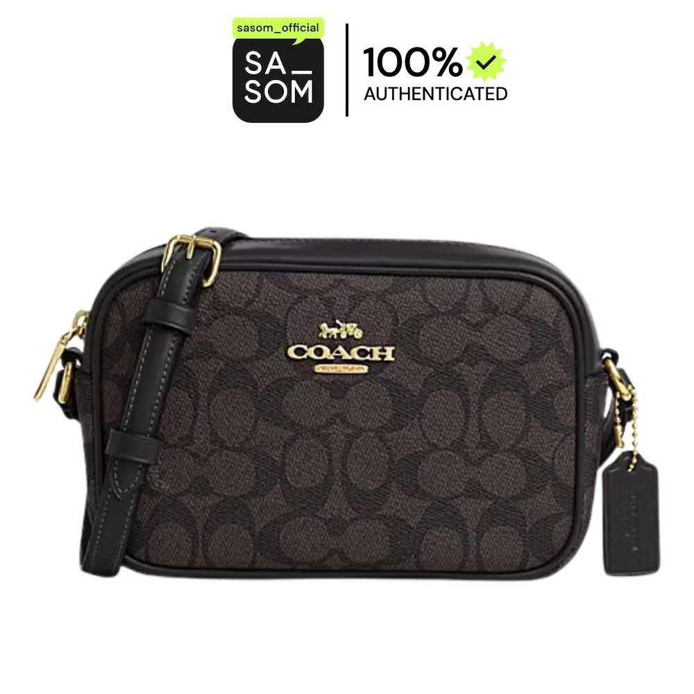 Coach Mini Jamie Camera Bag In Signature Canvas Walnut Black | ของแท้ ตรวจสอบโดย SASOM