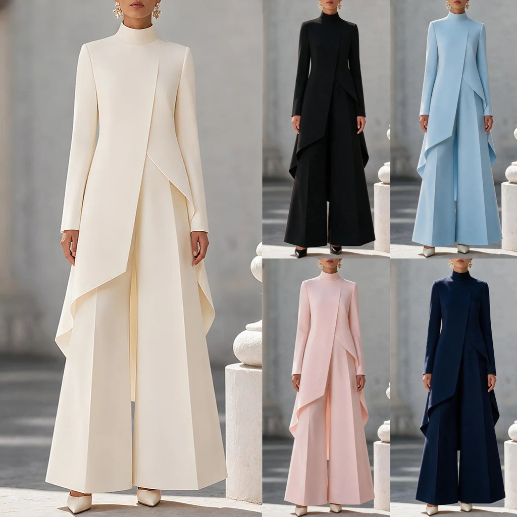 ผู้หญิง 2 ชิ้นชุดคอเต่าแขนยาวไม่สม่ําเสมอชั้นกางเกงขากว้าง Elegant Office Co Ord ชุด