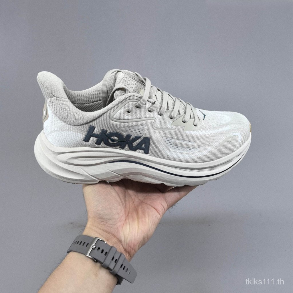 HOKA Clifton 10 รองเท้าวิ่งผู้ชายน้ําหนักเบา Breathable Cushioning Walking รองเท้าผ้าใบสีเทา AMIC