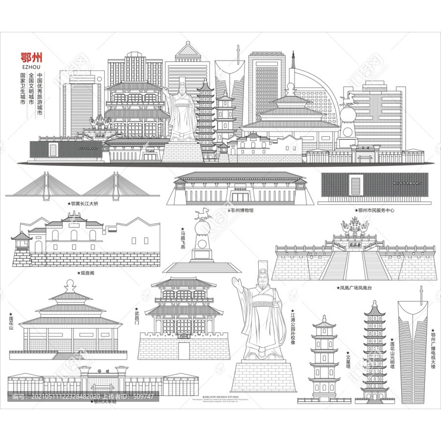 D412 หูเป่ย์ Ezhou City AI Vector Landmark Travel Architecture โปสเตอร์ออกแบบสาย Draft City Silhouet