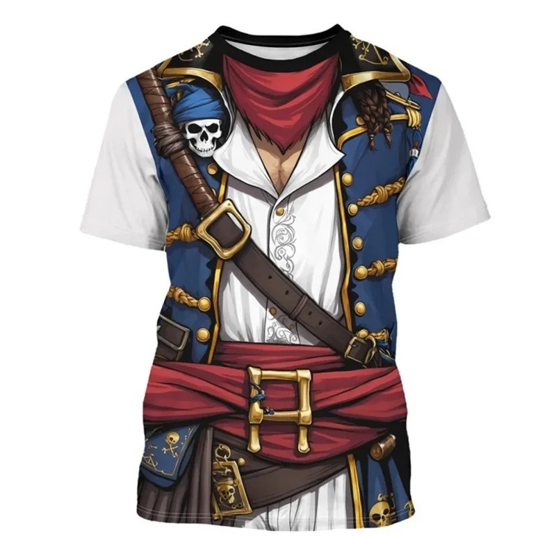 เสื้อยืดลายกัปตันโจรสลัดสำหรับผู้ชาย เสื้อยืดคอวีแขนสั้นลายทักซิโด้ ตลกๆ เหมาะสำหรับคอสเพลย์ เสื้อยืดลำลองแบบใหม่
