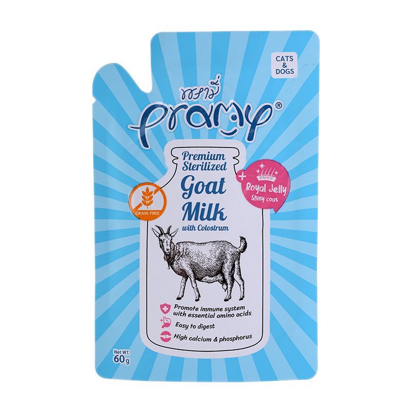 พรามี่นมแพะสเตริไลส์เสริมนมน้ำเหลืองและนมผึ้ง 60กรัม Pramy Sterilized Goat Milk 60g [หมายเลขบาร์โค้ด 8859601044713 ]