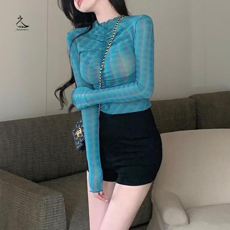 [HSSL] ฤดูใบไม้ร่วงผู้หญิง Retro พิมพ์ตาข่ายเสื้อยืด Hottie รอบคอแขนยาว Ruching Slim Top MCL7717