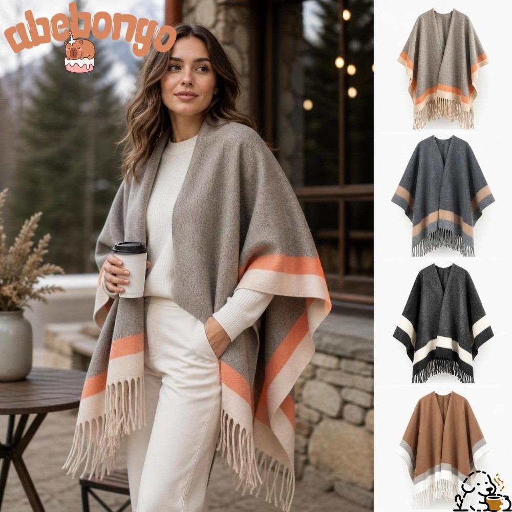 ABEBANDONY เปิดด้านหน้า Cape Shawl, Warm ขนาดใหญ่ลาย Border Poncho, Elegant สบาย Soft Fringed Edge พ
