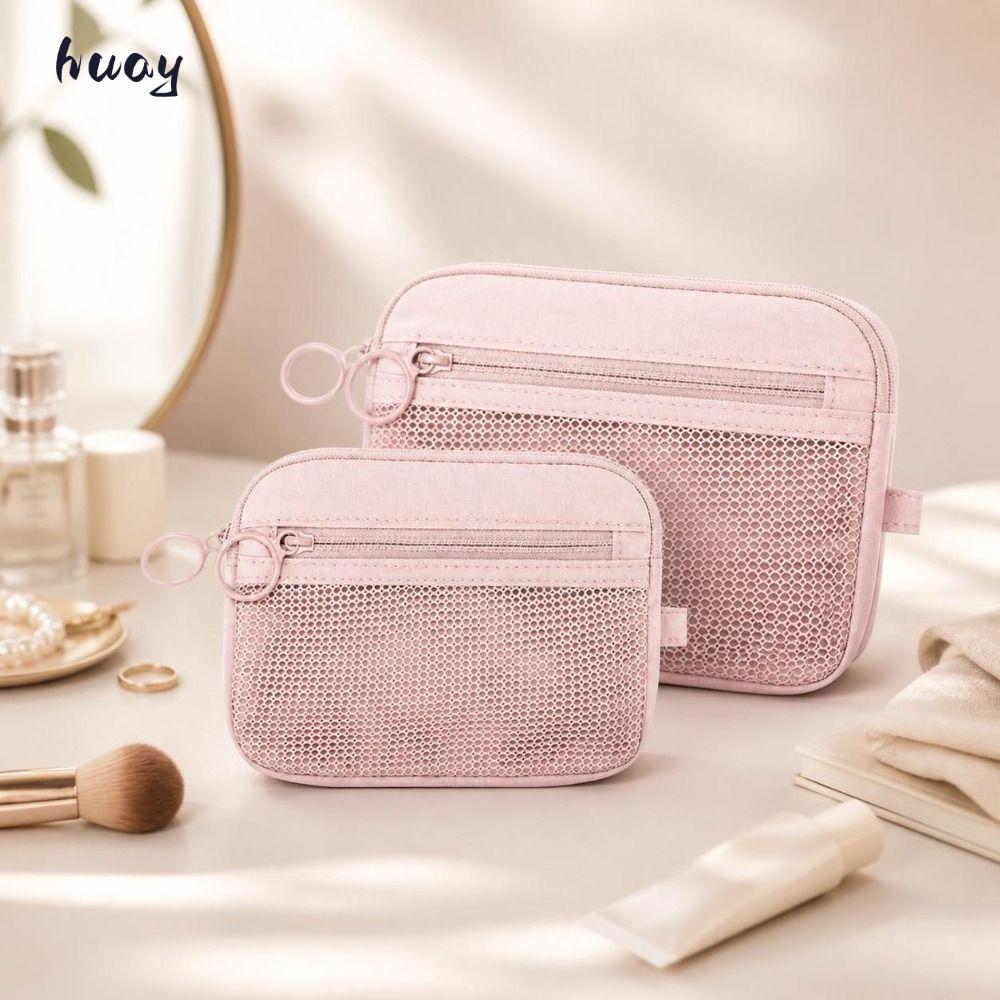 HUAYU Travel Organizer,Double Layer Pink Mesh Storage Pouch, Zipper Portable Nylon Cosmetic Bag for 