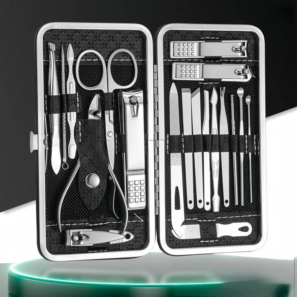 Stainless steel nail clipper set of 19 pieces, diagonal nail clippers, pedicures, ear picks, spoons,