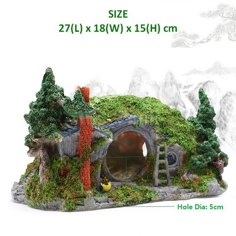 เรซิ่น Hobbit Dwarf House Aquarium Breeding Box ตกแต่ง Lizard Turtle Terrace Spider Box Hiding