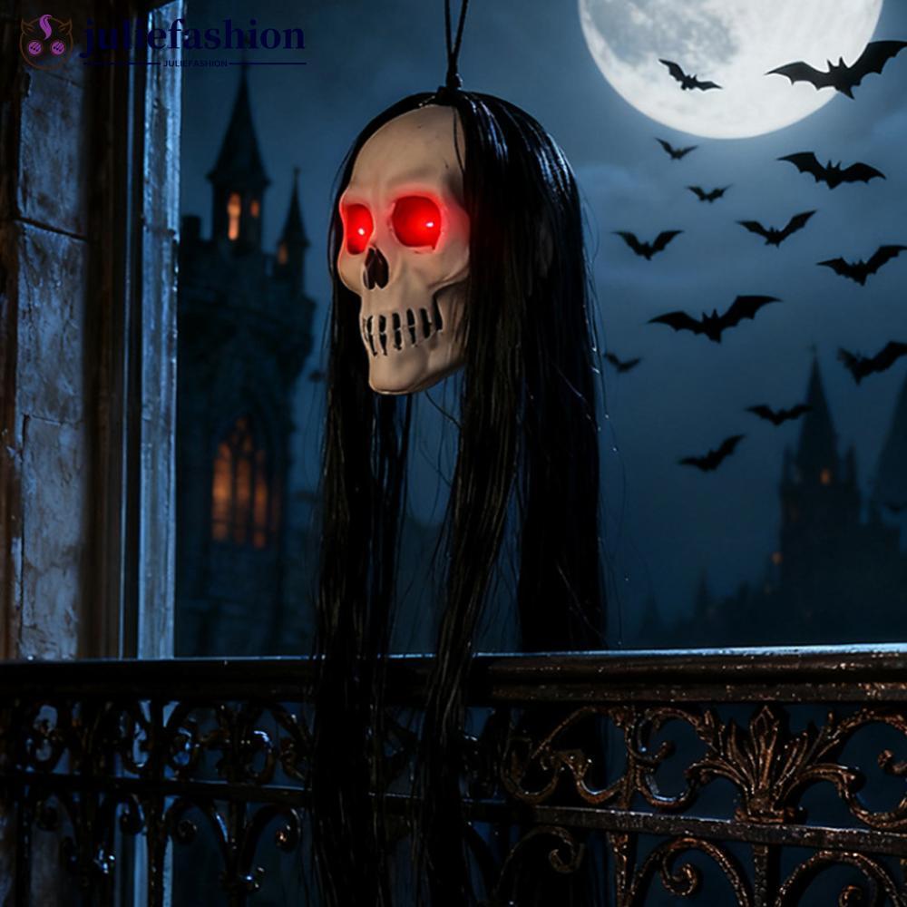 JULIEFASHION ฮาโลวีนแขวนผมยาว Ghost Skeleton จี้ LED เรืองแสงตาสยองขวัญ Prop สําหรับ Haunted House P