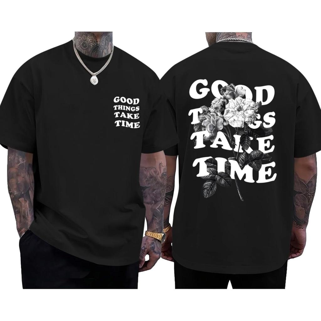เสื้อยืดคอกลมโอเวอร์ไซส์ ลายดอกไม้+ตัวอักษร สไตล์วินเทจสตรีท ผ้าคอตตอนผสม ยูนิเซ็กซ์ ใส่สบาย
