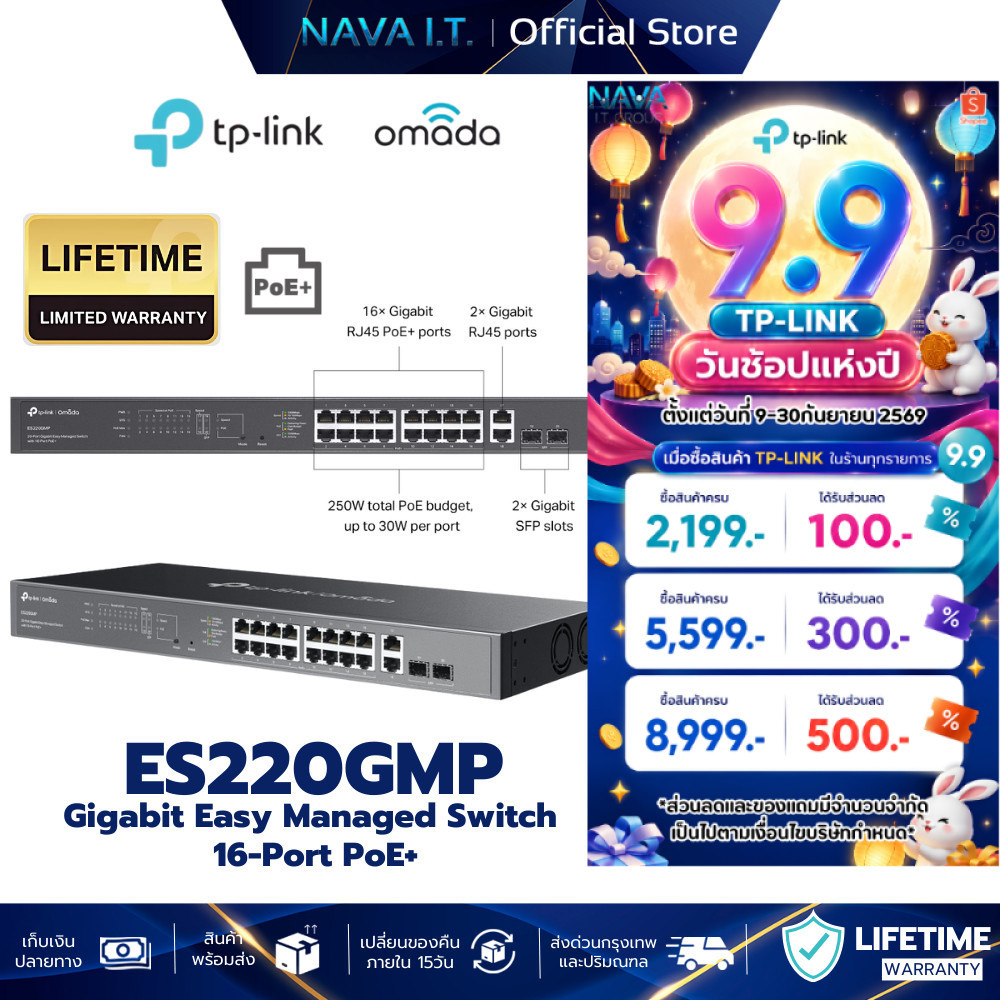 TP-LINK ES220GMP Omada 20-Port PoE+ Gigabit Easy Managed Switch รับประกันศูนย์ไทย
