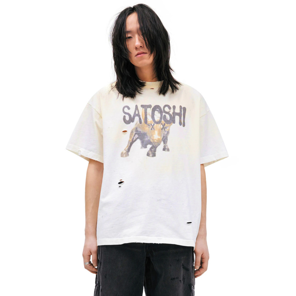 Satoshi Nakakomoto ทองแดง Bull Sculpture Theme ล้างน้ํา Distressed Destruction Splash หมึกแขนสั้นเสื