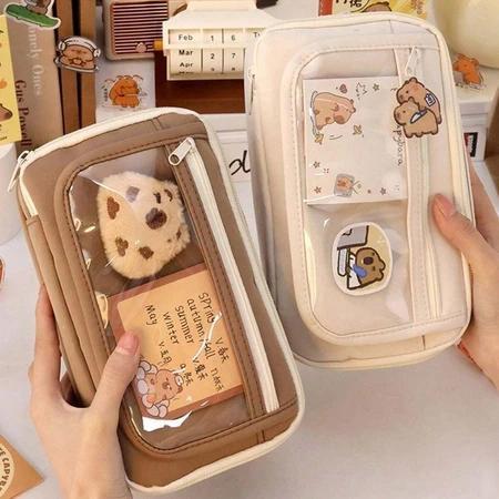 Khaki Coffee Aesthetic Flip ดินสอขนาดใหญ่ความจุ Multi-Slot สไตล์เกาหลีเครื่องเขียนกระเป๋าสําหรับโรงเ