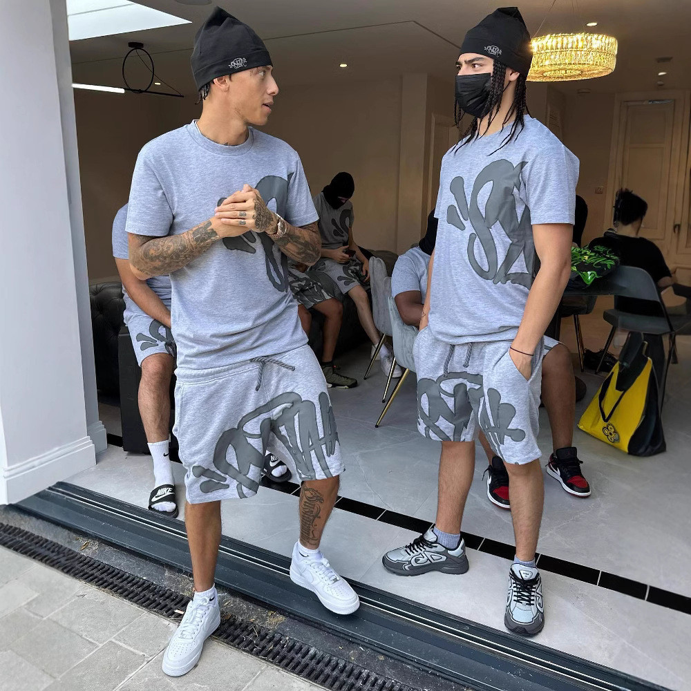 JYFR CentralCee สไตล์เดียวกัน Syna พิมพ์ตัวอักษรเสื้อยืดแขนสั้นชุดกีฬา Street Hip-Hop กางเกงขาสั้นห้