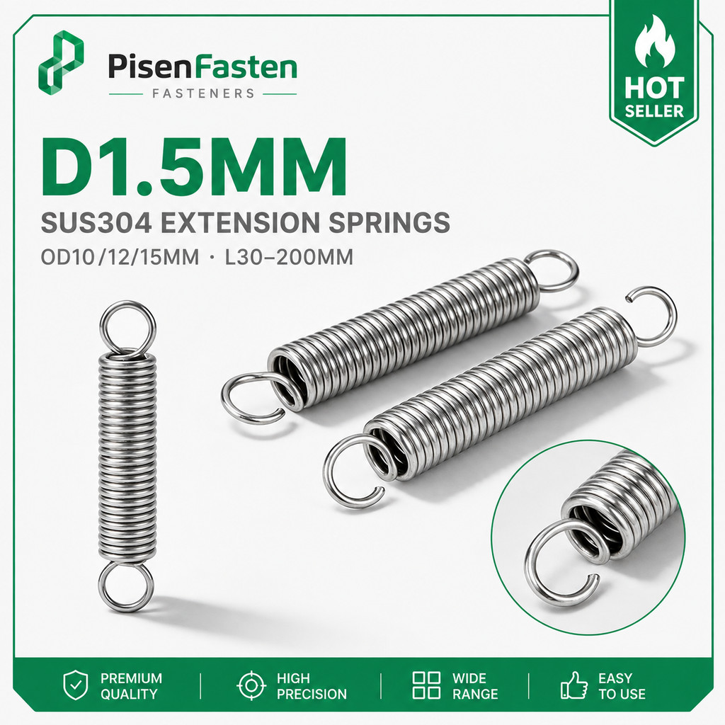พร้อมส่ง สปริงดึง สปริงแรงดึง สแตนเลส 304 พร้อมตะขอ 2 ข้าง Extension Spring d1.5 มม. OD10/12/15 มม. ยาว 30-200 มม.