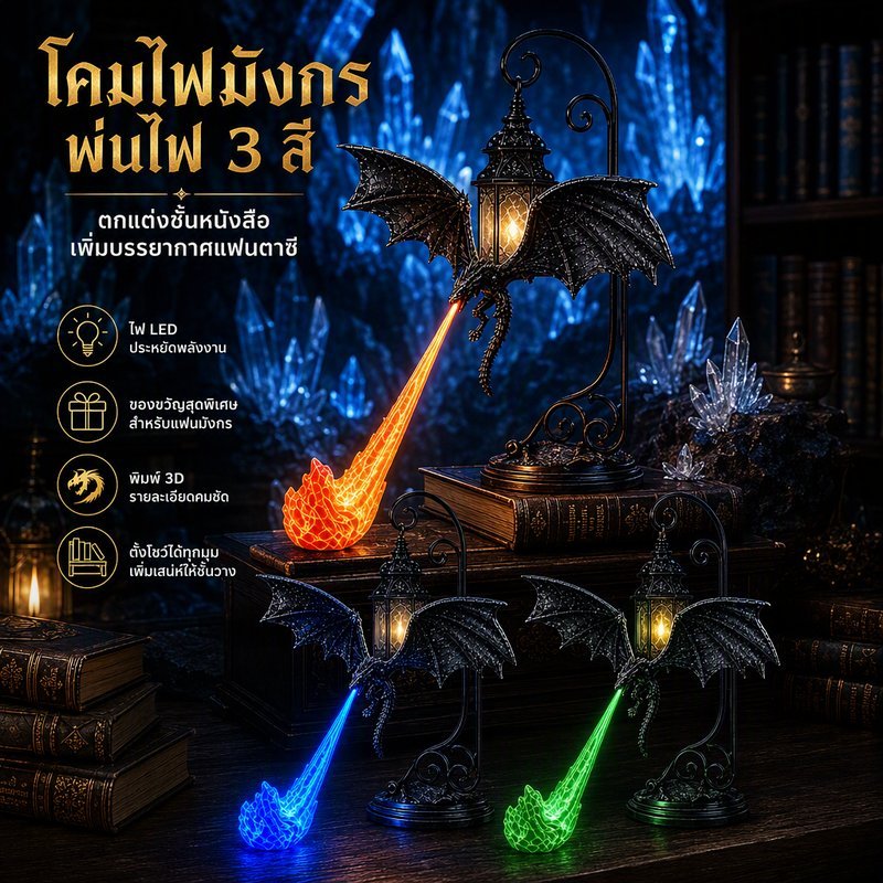 โมเดลมังกรพ่นไฟ 3 มิติ โคมไฟตกแต่ง วางชั้นหนังสือ ไฟแดง ไฟน้ำเงิน ไฟเขียว เลือกขนาด