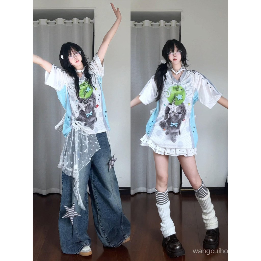 American y2k Asian Culture Strawberry Puppy พิมพ์เสื้อยืดแขนสั้นผู้หญิงฤดูร้อน Jersey สไตล์สบายๆกีฬา