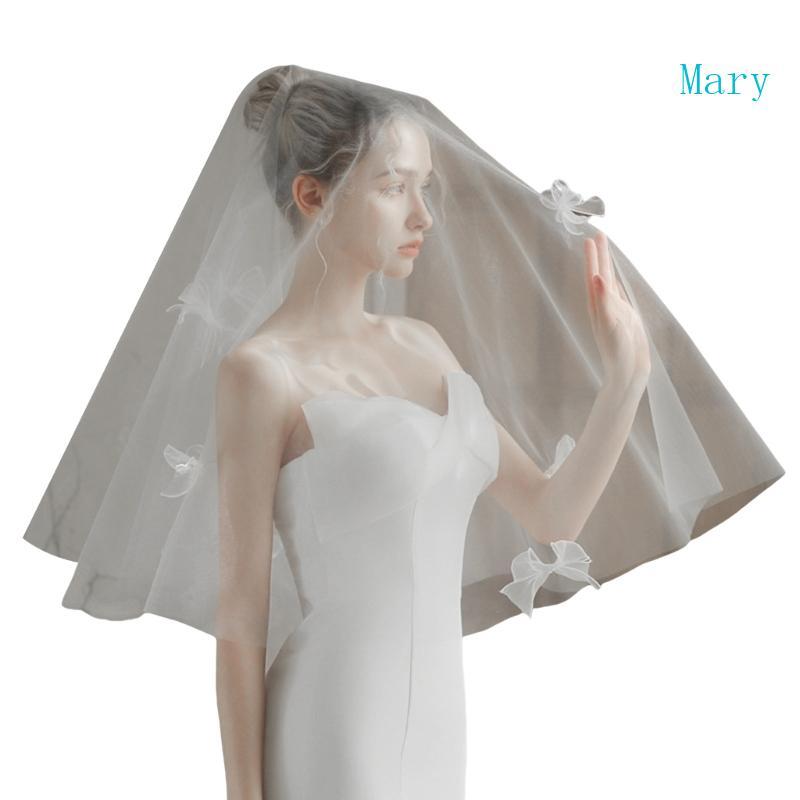 Mary White Short Veil Bowknot Wedding Veil สําหรับเจ้าสาวและฉลองงานแต่งงาน