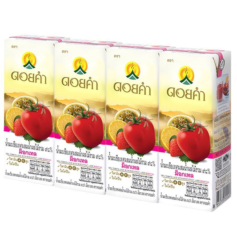 ดอยคำมอคเทลน้ำมะเขือเทศผสมน้ำสตรอว์เบอร์รี่และน้ำเสาวรส 200มล. แพค 4 Doikham Mocktail Tomato Juice 200ml. Pack 4