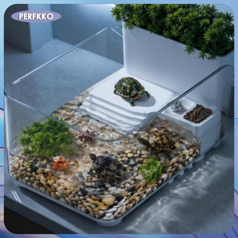 [perfkko] Turtle Tank with Basking Platform Open-Top Turtle Tank Terrarium Compact Enclosure มัลติฟั