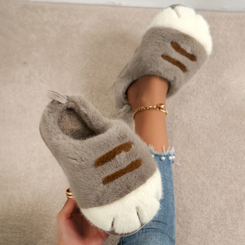 3D Cat Paw Plush รองเท้าแตะ Slip-on House รองเท้าสบาย Furry Paw คู่รองเท้าแตะฤดูหนาว Soft Warm รองเท