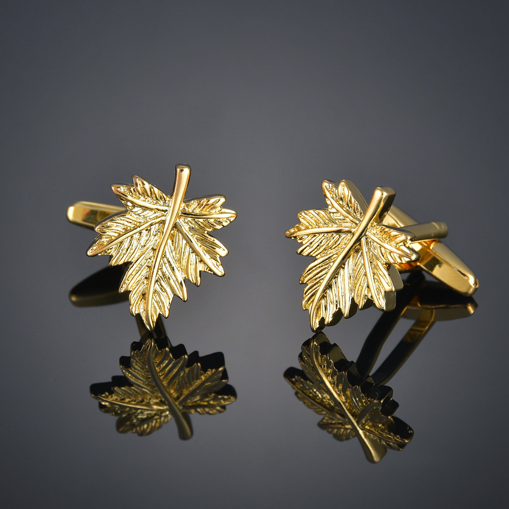 กล่อง Boxed คุณภาพสูงภาษาฝรั่งเศสคํา Cufflinks Cufflinks ผู้ชาย Cufflinks Golden Leaf Cufflinks