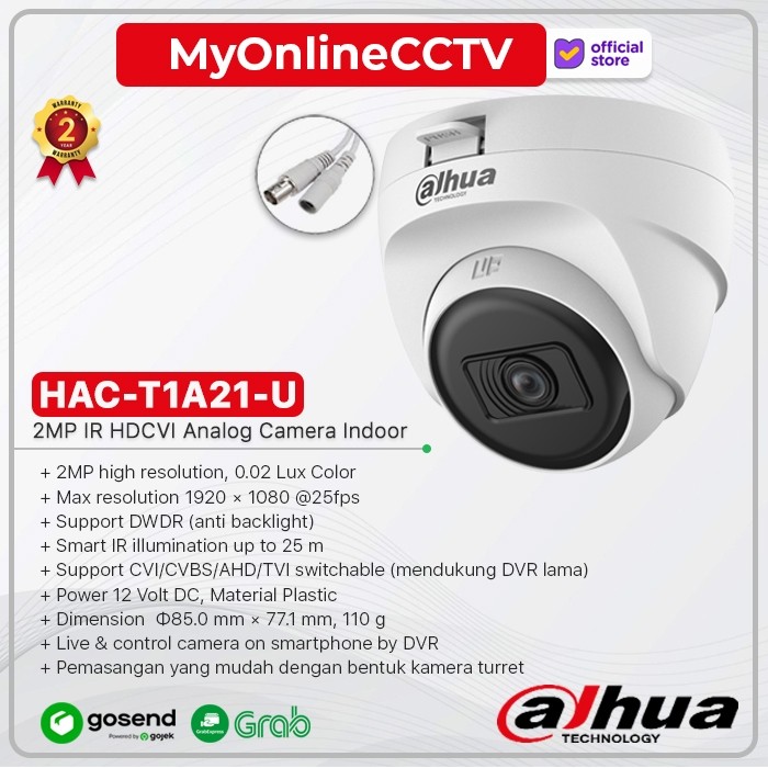 HAC-T1A21-U Dahua 2MP Cooper Series กล้องวงจรปิดในร่มพร้อมการรับประกันอย่างเป็นทางการ - T1A21P