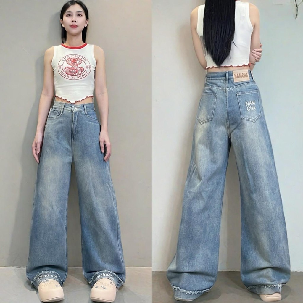 NAMCHA กางเกงยีนส์กระบอกกลางเอวสูง พับปลายขาปักNAMCHA สียีนส์นาโน 2668