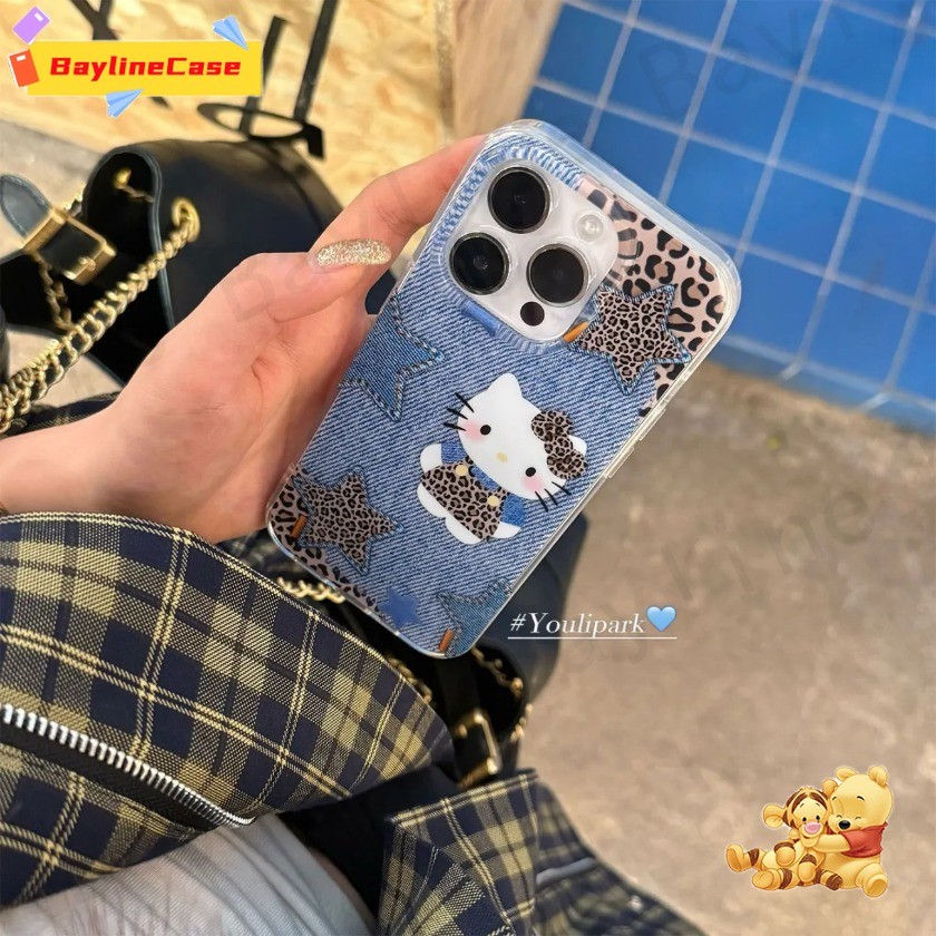 ขายร้อน Ins 3Dแฟชั่นการ์ตูนน่ารักKittyเสือดาวพิมพ์เคสโทรศัพท์ผ้ายีนส์เข้ากันได้กับiPhone 17 16 15 14 13 12 11 Pro Max X Xr Xs Max 8 7 6 Plus Cover