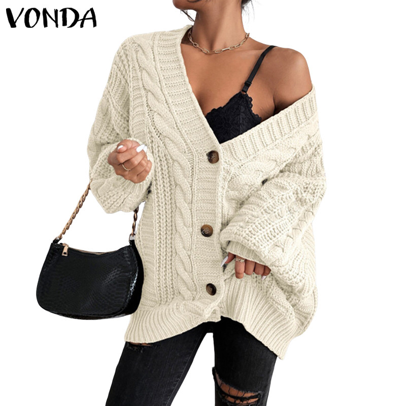 VONDA ผู้หญิงเกาหลีลําลองคอวีแขนโคมไฟผ้าขนสัตว์ปุ่มลงเสื้อกันหนาวหลวม