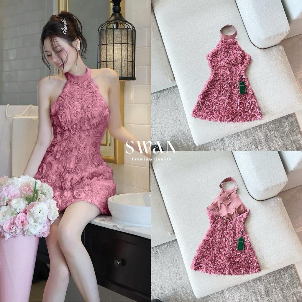 shop_DD (พร้อมส่ง) swan309 มินิเดรสออกงานดีไซน์คอฮอลเตอร์ แต่งผ้าดอกกุหลาบนูนทั้งตัว