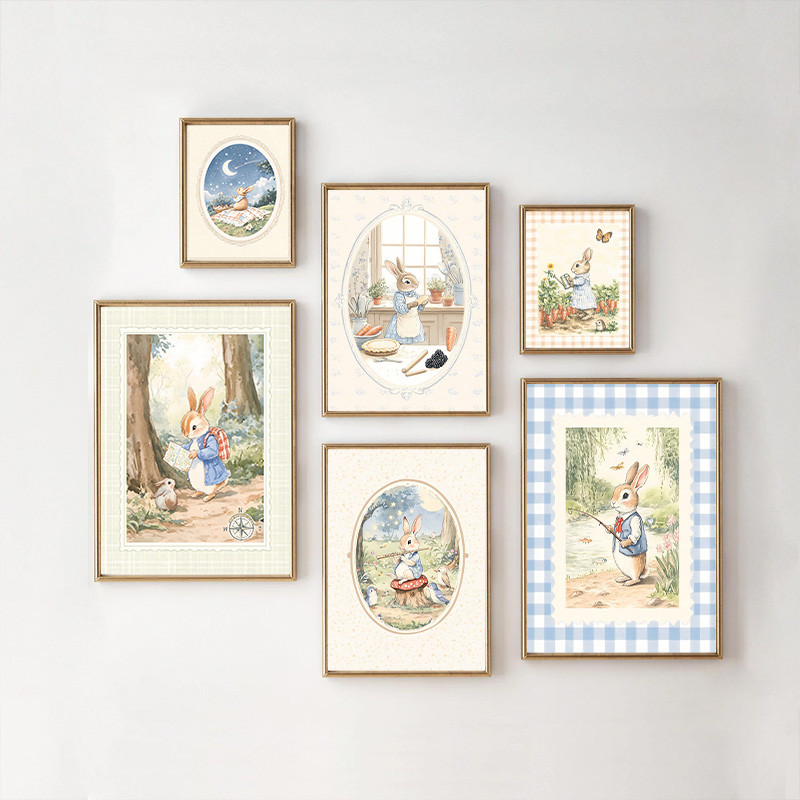 ภาพวาดกระต่ายสีฟ้า vintage boho สำหรับห้องนอนเด็ก พร้อมลวดลายสัตว์ ตกแต่งผนังอย่างสวยงาม