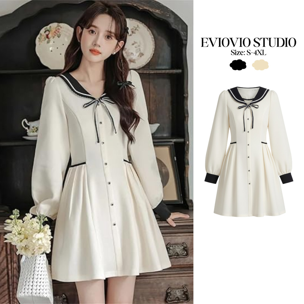 【EVIOVIO】☺️เดรสกระโปรง แต่งซิบหลัง แขนยาวพร้อมโบว์เล็กเพิ่มความน่ารักแบบผู้หญิงหวาน สินค้าพร้อมส่ง  S-5XL ราคา ถูกที่สุด ดีลบีเคเค