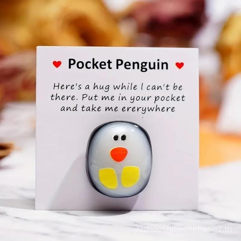 1Pc Pocket Penguin Hug Gift – Cute Mini Resin Penguin Figurine with Inspirational Message Card, Smal