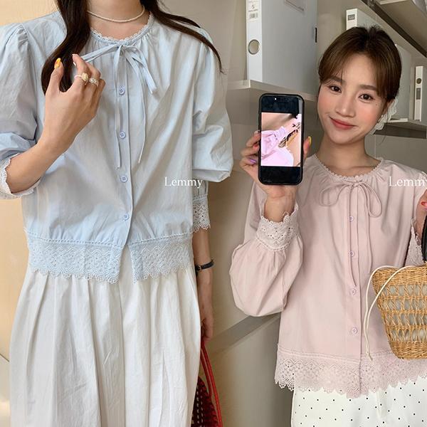 mimi&didi#เสื้อแขนยาวคอกลมดีไซน์โบว์พร้อมเย็บลูกไม้ สำหรับผู้หญิง สีชมพู กระดุมแถวเดียว อเนกประสงค์ ท็อปเก๋ๆ#99230