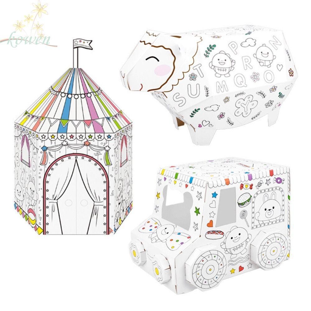 KOWEN โรงละครกระดาษแข็ง, Handmate ไดโนเสาร์ DIY กระดาษแข็งขนาดใหญ่ระบายสีไดโนเสาร์รถ Modele ภาพวาด Graffiti House 3D รถ 3D ปริศนาบ้านเด็กเกม