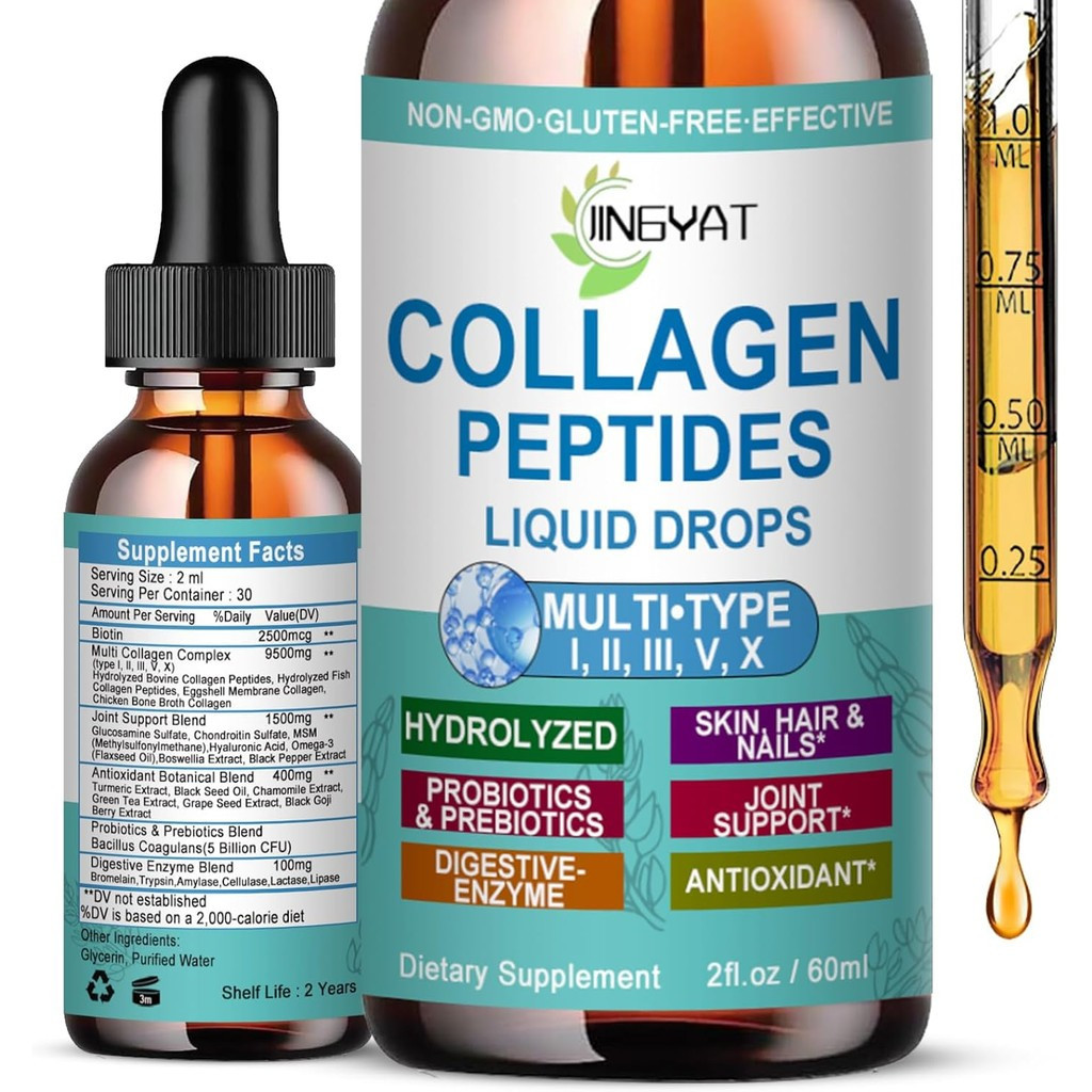 Collagen Peptides Liquid Drops, Multi Collagen Peptides for Skin Hair Nail Joints Bones Gut Health, 