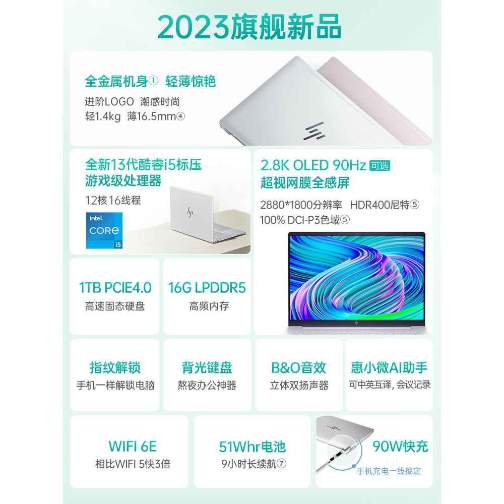 [ผลิตภัณฑ์ใหม่ 2023] HP HP ตัวเลือก Star BookPro14 13th Generation Intel Corey i5 2.8k Screen Laptop