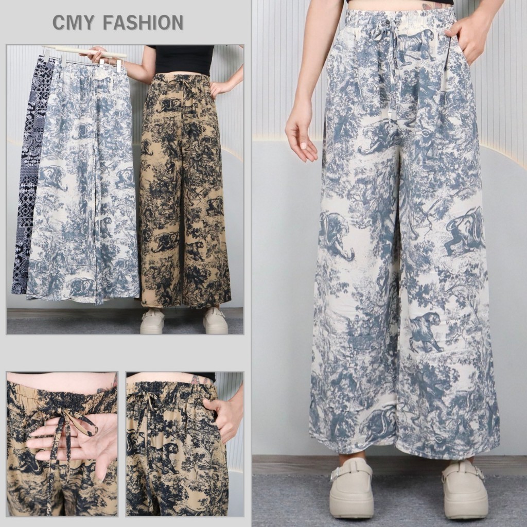 กางเกงขายาว 9ส่วน ทรงขากระบอกใหญ่ พิมพ์ลายกราฟิก ผ้าไหมอิตาลี่ เนื้อผ้านิ่ม ดีไซน์ทรงสวย สไตล์แฟชั่น p99523#