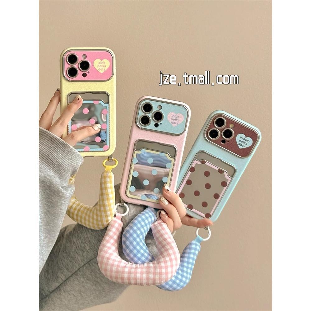 สําหรับiPhone17 16 16 Pro 16 Pro Max 15 14 13 Pro Maxญี่ปุ่นและเกาหลีPolka Dotกระจกกระเป๋าบัตรสายรัดข้อมือหน้าต่างขนาดใหญ่เคสโทรศัพท์