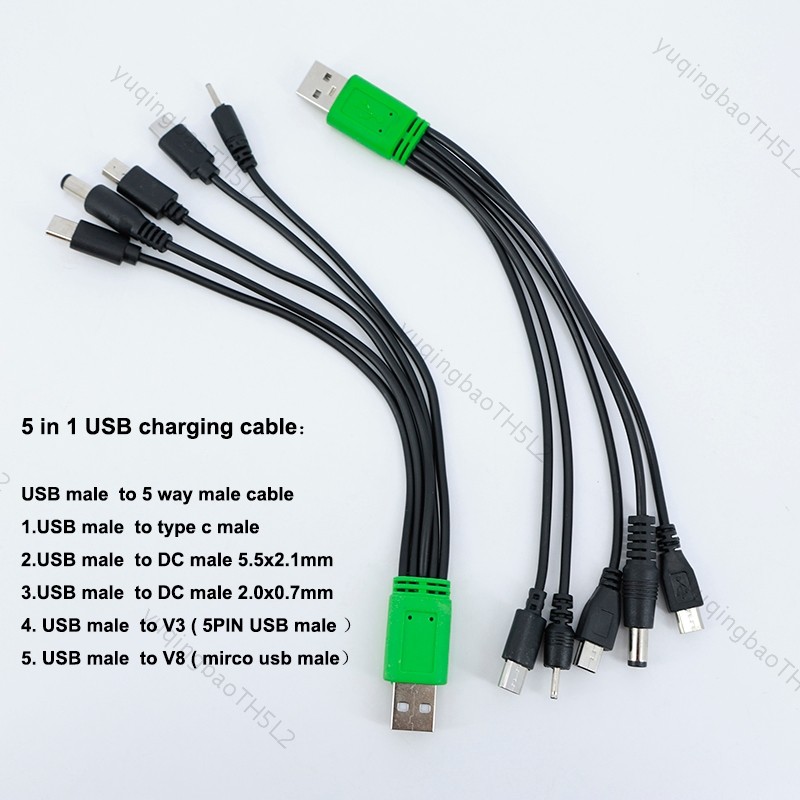 20 ซม.5 ใน 1 USB ชาย 5 ทิศทางประเภท c DC 5.5x2.1 มม.2.0x0.7 มม.ชาย mini 5P V3 V8 mirco usb ชายสายชาร