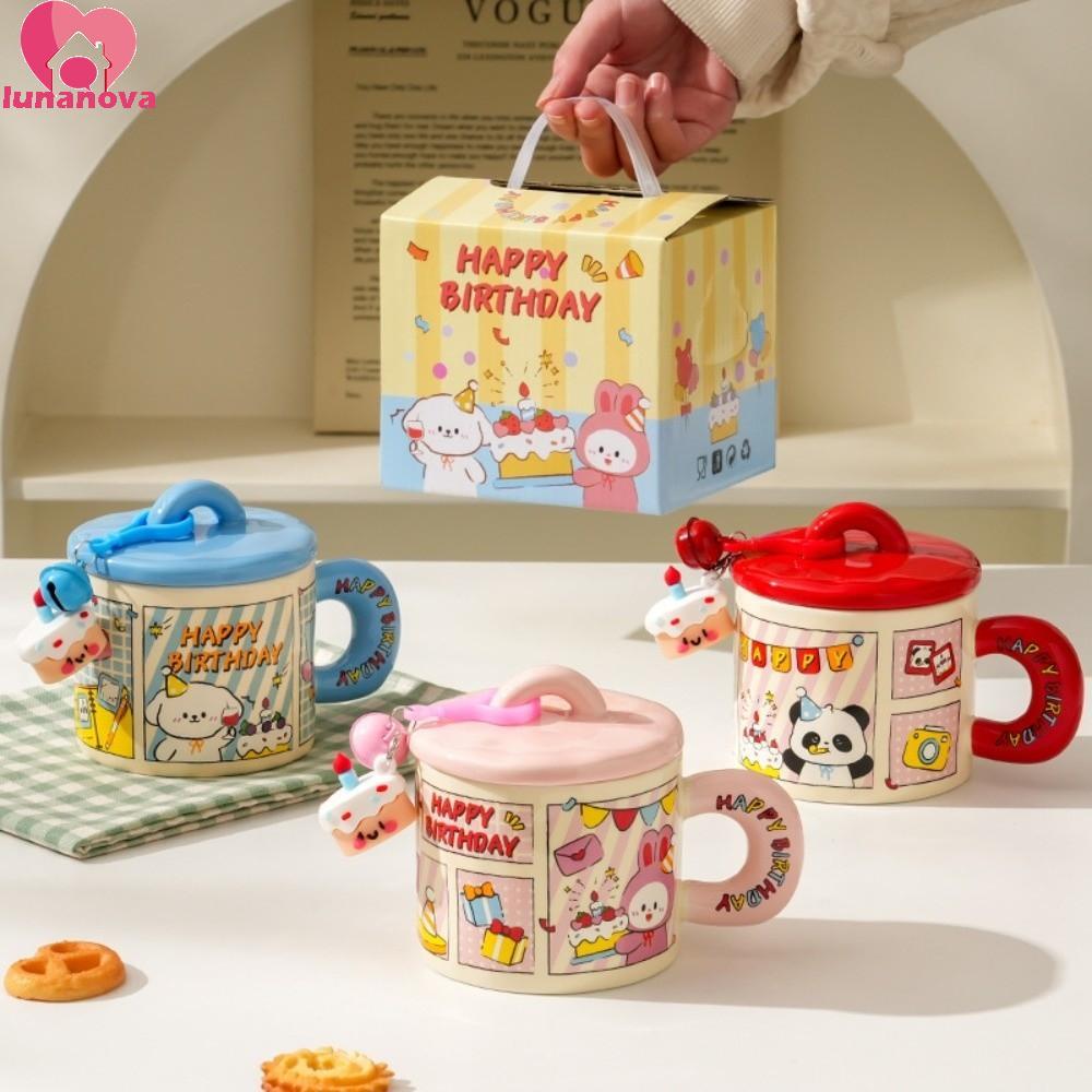 LUNANOVA Happy Birthday Mug, Aesthetic Ceramic Cartoon Ceramic Mug Cup, Water Mug Cup Dog/Rabbit/Pan