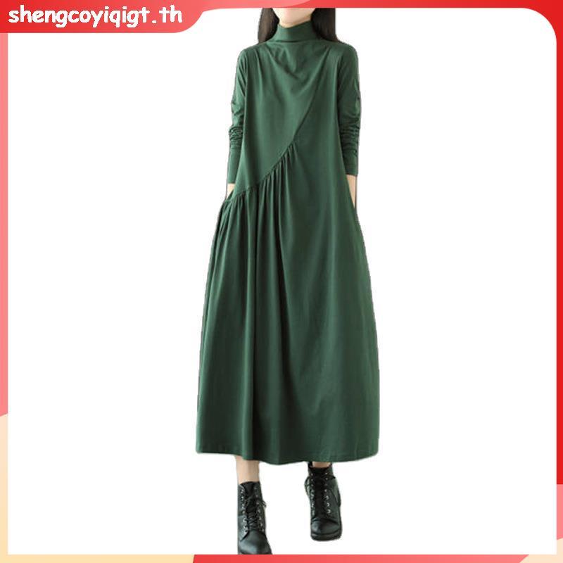 Tdg ชุดเดรสกระโปรง แขนยาว คอเต่า เอวสูง ทรงหลวม ขนาดใหญ่ สีพื้น สําหรับสตรี